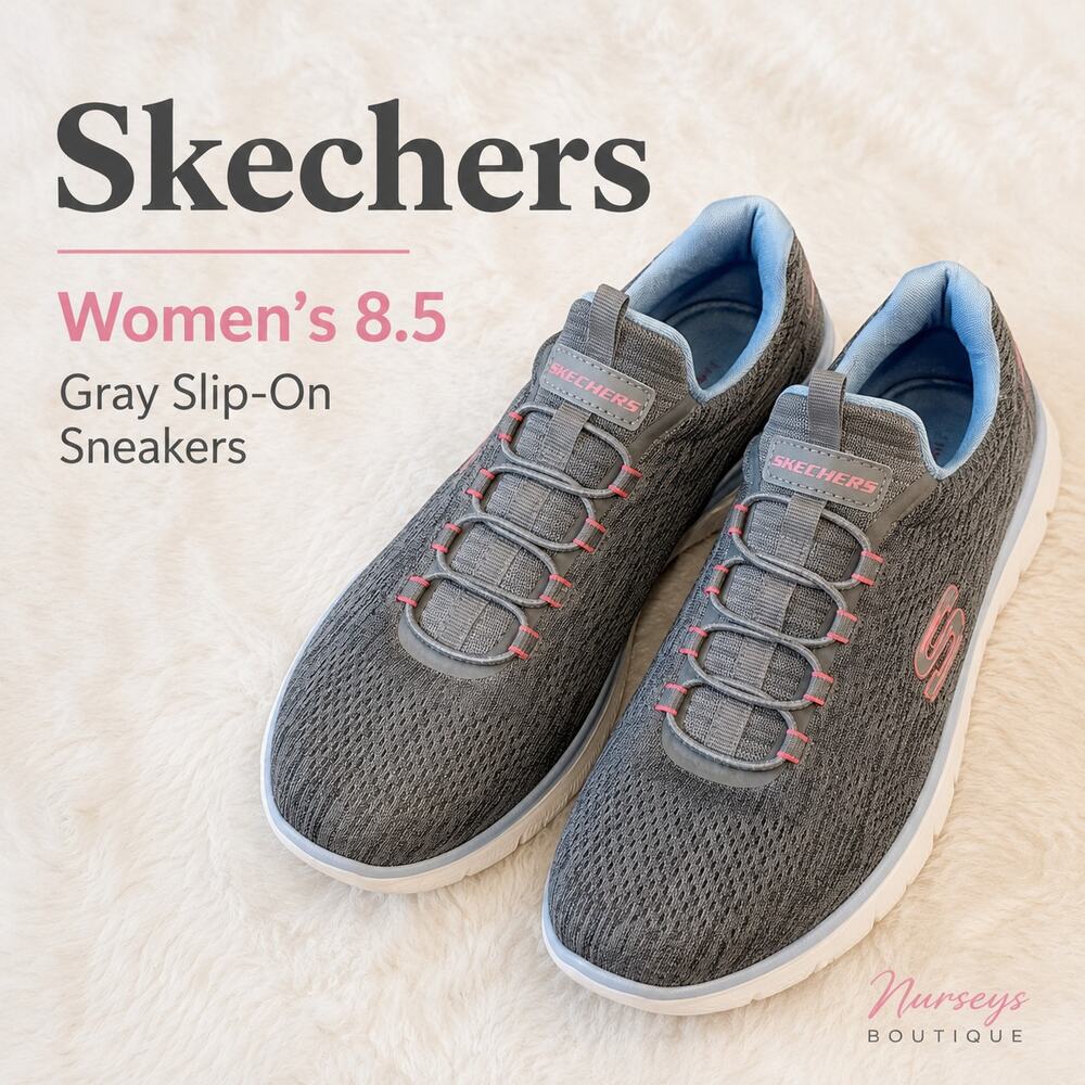 Skechers 8.5 Gray Pink Memory Foam Slip On Walking Sneakers